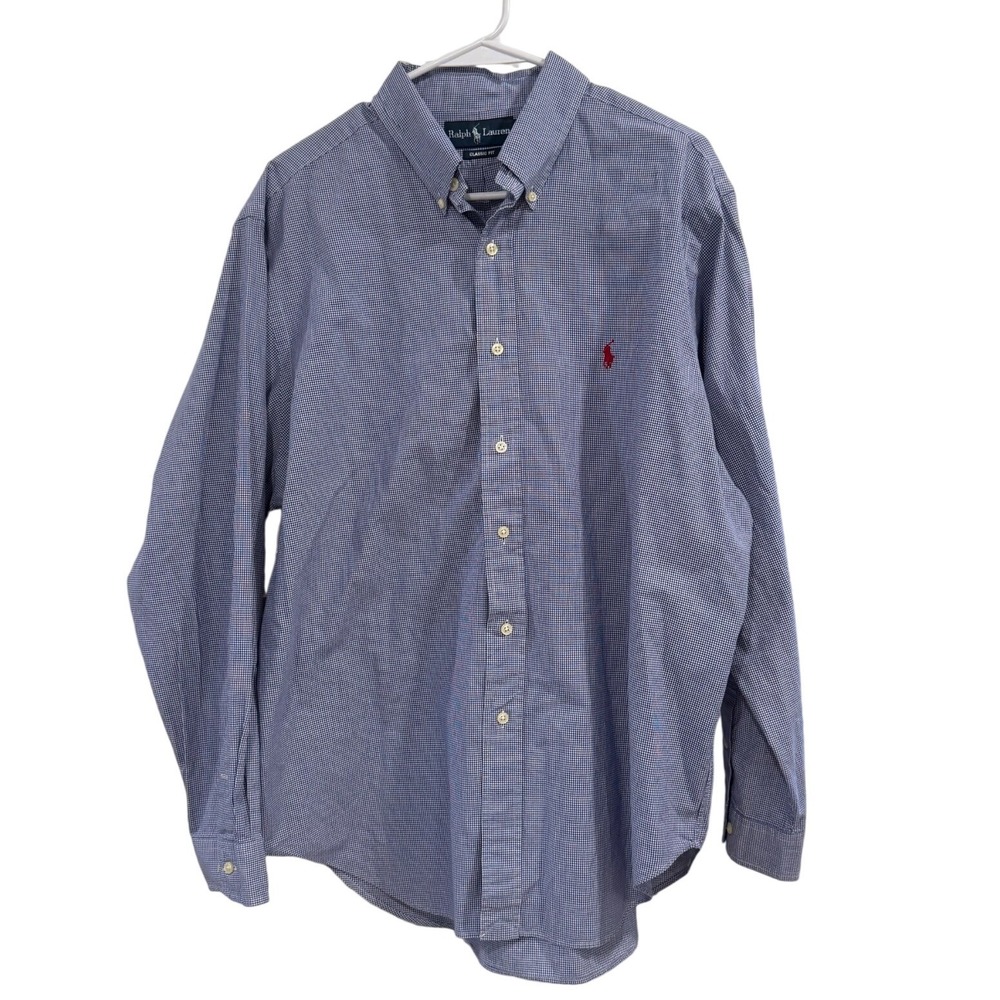 Ralph Lauren Mens Blue White Micro Check Button Down Shirt Classic Fit 17 34/35